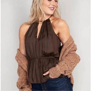 Old Navy Satin Halter Peplum Blouse Brown Size Large